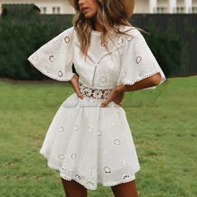 Cuerly sexy white cotton crochet hollow out dress women flare sleeve cotton embroidery mini dress 2019 summer day dress L5 Cuerly sexy white cotton crochet hollow out dress women flare sleeve cotton embroidery mini dress 2019 summer day dress L5