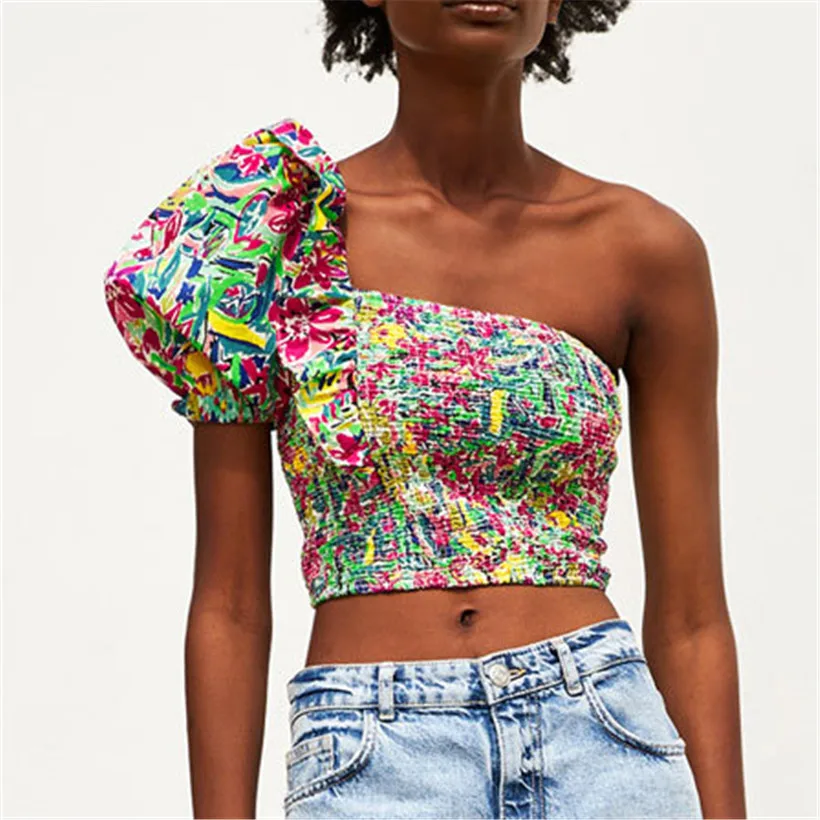 

Women stylish colourful print crop top single shoulder shirts ruffles short design female fashion blouse tops