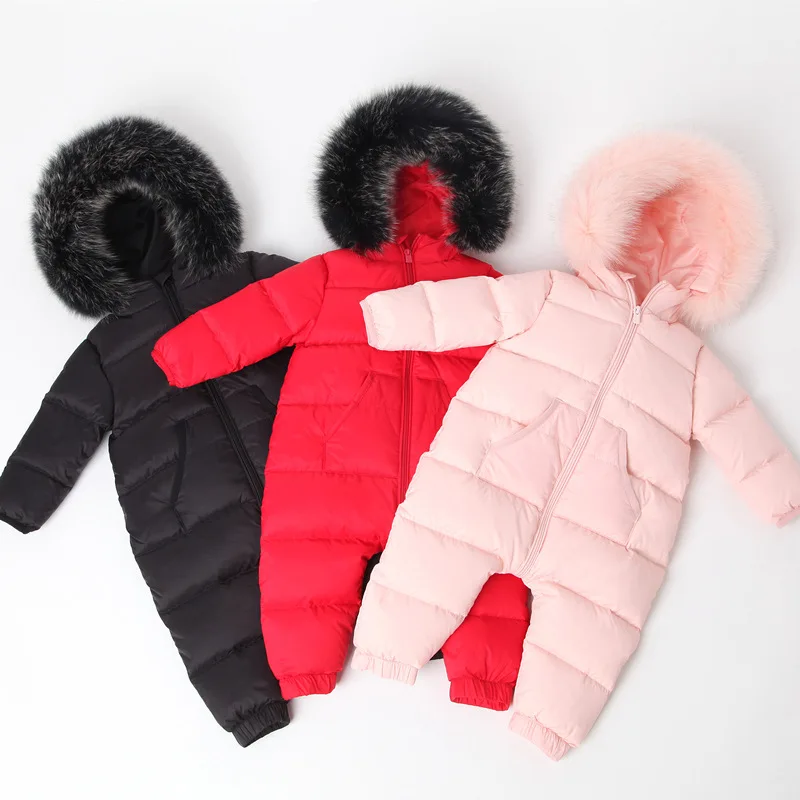 NewBorn Baby Winter Rompers Overalls 90% White Duck Down Natural Fur Collar Soft Kids Outwear Coat For Boys Girls 0-4 Y Snowsuit