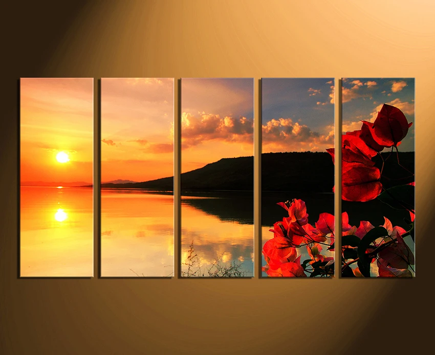 

5 Piece Group Canvas, Ocean Wall Decor, Flowers Canvas Photography, Orange Ocean Multi Panel Canvas, Sea Huge Canvas Print