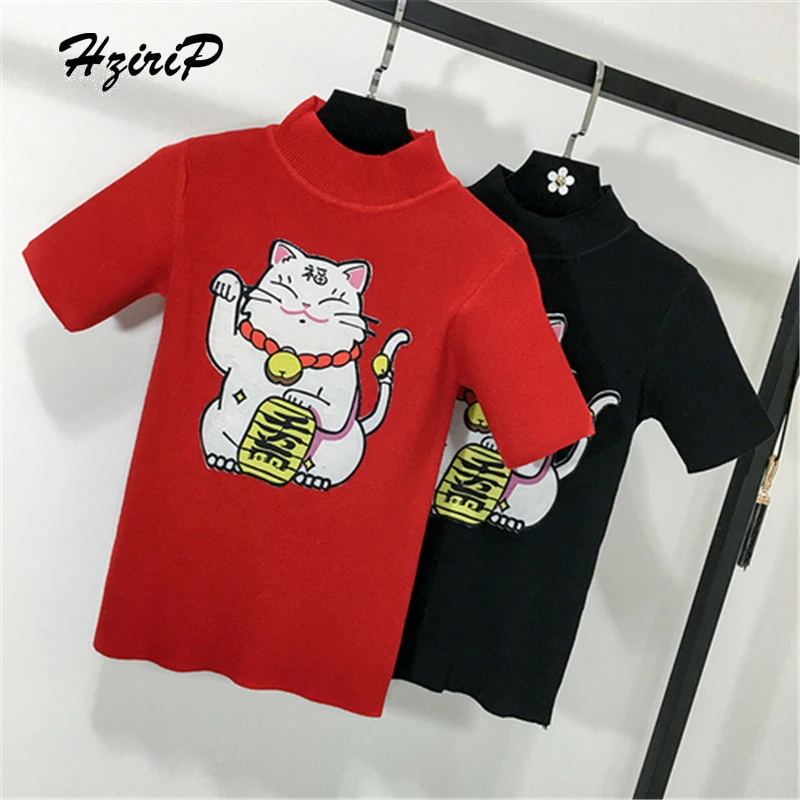 HziriP новый свитер женский 2018 осень зима Принт Lucky Cat с коротким рукавом вязаный