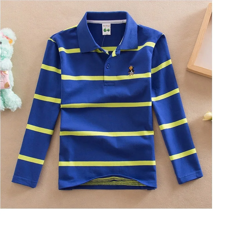 High quality 4-12 years old boy polo shirt long sleeve shirt lapel round neck striped solid color cotton T-shirt