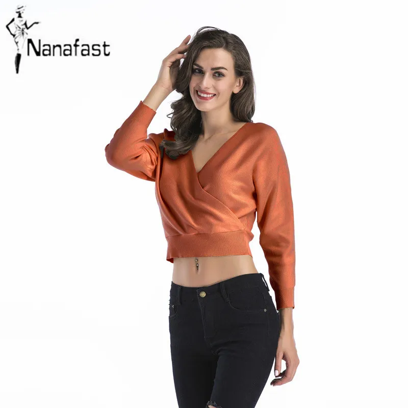 Batwing Sleeve Sexy Deep V-neck Sweater Knitted Pullovers for Women 2018 Spring Short Design Fashion Ladies Crop Tops | Женская одежда