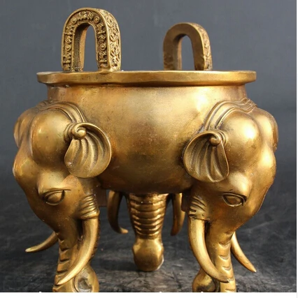 

10" Chinese Folk Bronze Temple Animal Elephant Head Censer Incense Burner Statue Crafts Home Furnishing Arts pure copper