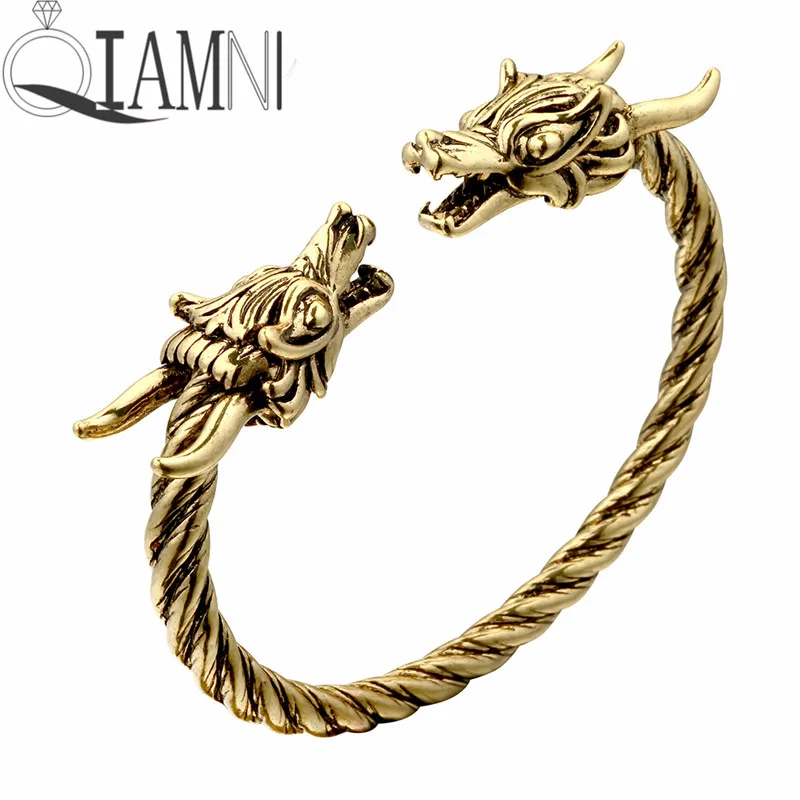 QIAMNI скрученный браслет с двойной головкой дракона Viking мужской манжетами