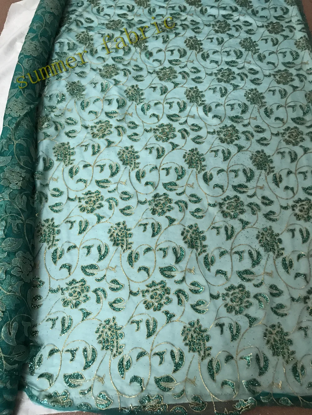 Зеленый цветок в нигерийском стиле вышивка тюль сетки кружевной ткани с наклеенными блеск для праздничное платье