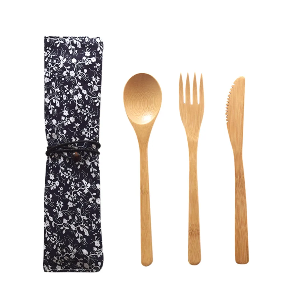 

3Pcs/set Wooden Bamboo Fork Knife Soup Teaspoon Set Catering Cutlery Set With Cloth Bag Kitchen Cooking Tools Utensil