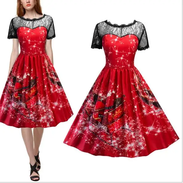 2018 Spring and Autumn Amazon Christmas Red Print Lace Dress Women's