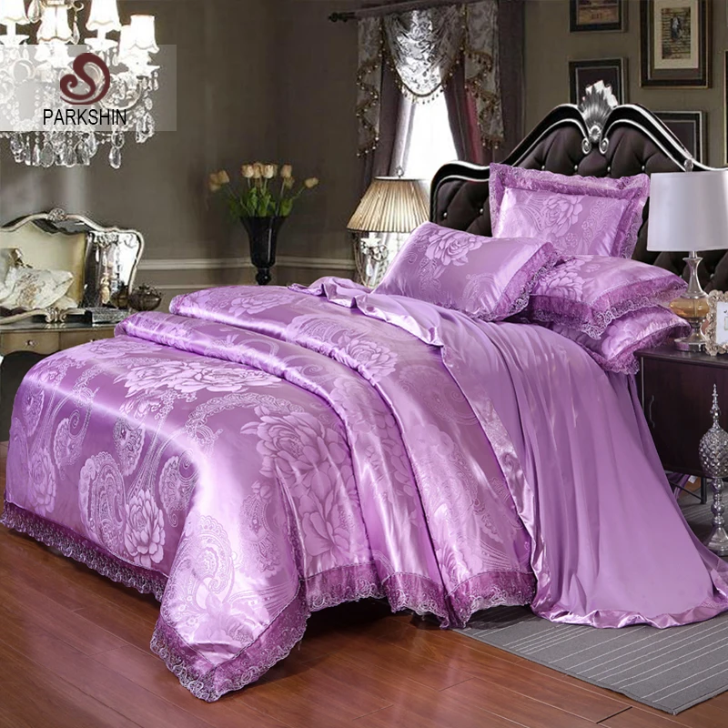 Parkshin Luxury Satin Jacquard Light Purple Bedding Set Silk Duvet