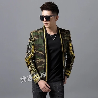 

Luxury mens beading sleeve embroidery camouflage event/stage performance short fashion jacket/studio/ASIA SIZE