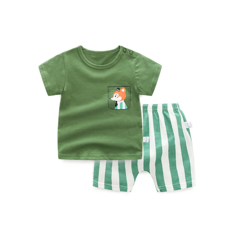 Комплект из 2 предметов, корейский хлопковый Детский комплект, футболка с короткими рукавами и рисунком+ шорты в полоску летний костюм для маленьких мальчиков и девочек - Цвет: 5243 fox