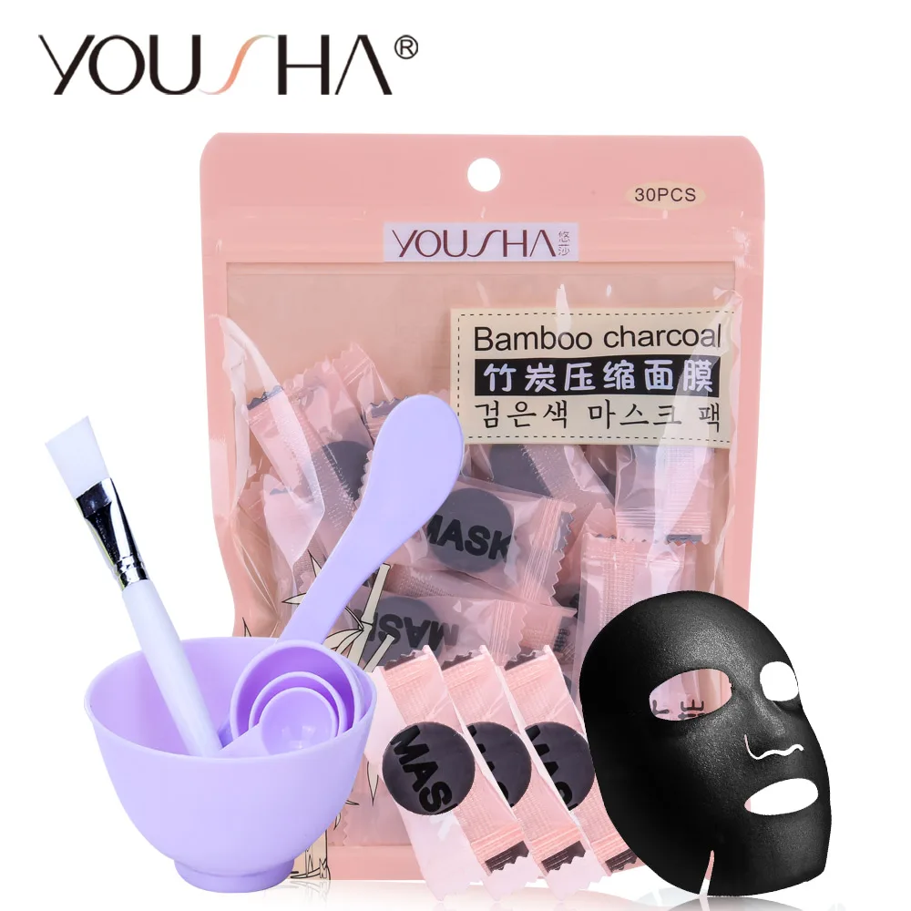 YOUSHA 34PCS SET DIY Compressed Black Mask Face Mask Paper Bamboo Charcoal Fiber Adsorption Blackhead Skin
