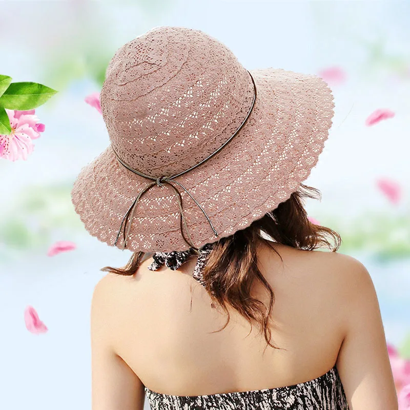 Women Lace Hollow Straw Cap Large Brim Foldable Hat Summer Ladies Elegant Travel Caps Female Fisherman Sun Hats CP0200 (5)