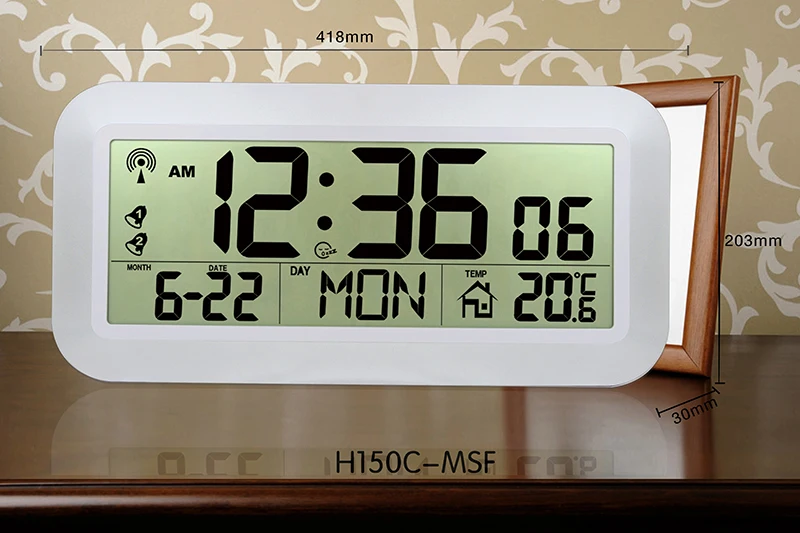 

JIMEI H150C-DCF Digital LCD RC Jumbo Wall Clock with 8 languages week day display indoor Temperature dual alarms and Calender