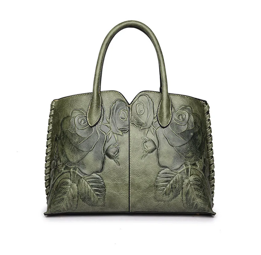 

2018 new autumn Ladies Genuine Leather Bags For Women Green Luxury Handbags Female Flower Embossed Messneger Bag Totes Bolsa