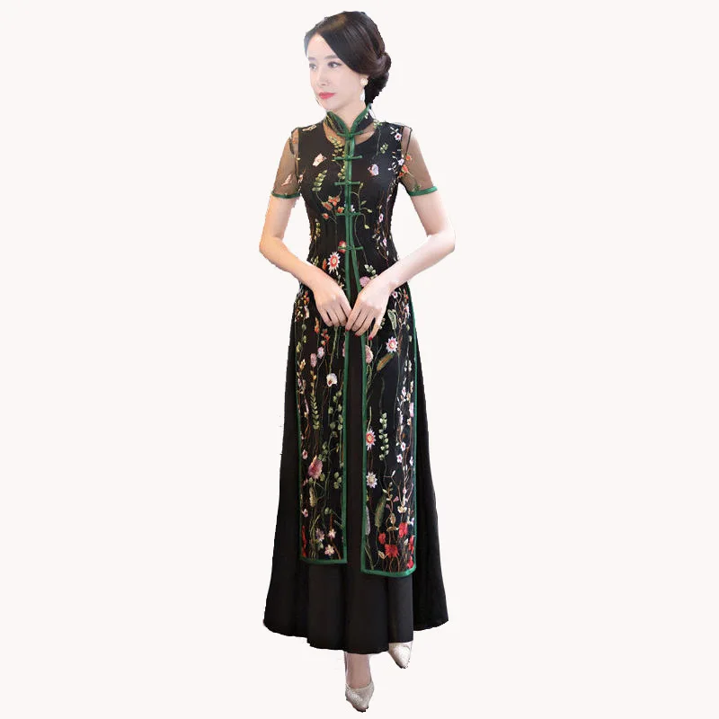 

Vintage Two Piece Chinese Bride Wedding Cheongsam Dress Women's Short Sleeve Sexy Long Qiapo Vietnam Ao Dai YZT120804