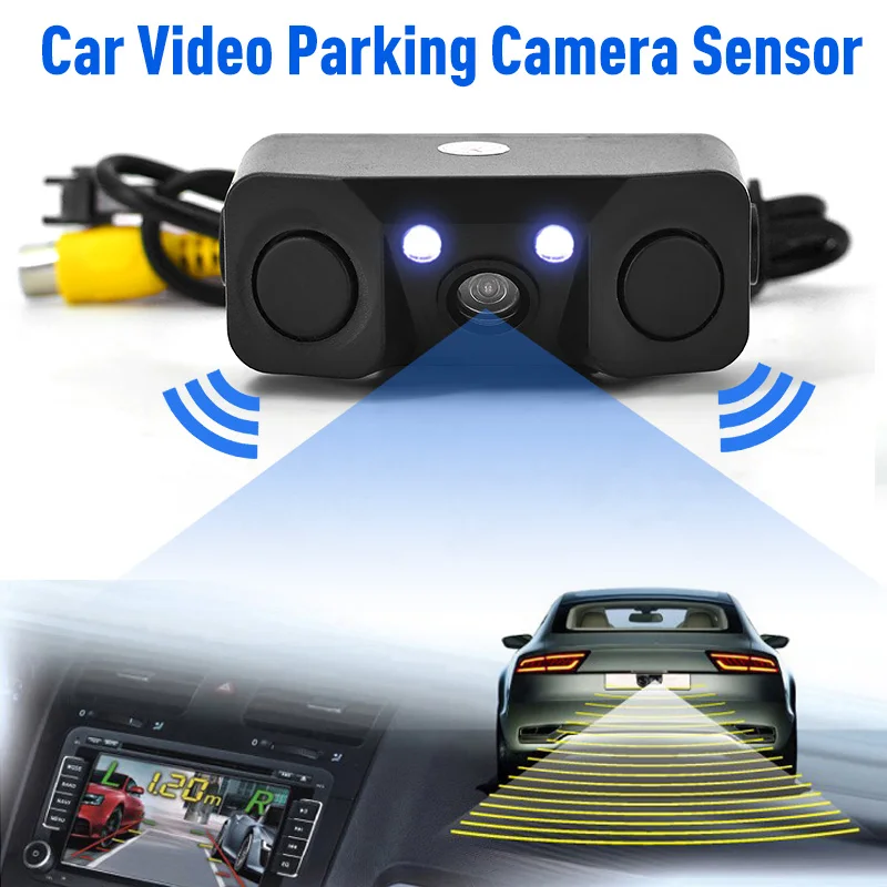 

170 Degree 3 IN 1 Video Parking Sensor Car Reverse Backup Rear View Camera with 2 Radar Detector Sensors BiBi Alarm Indicator