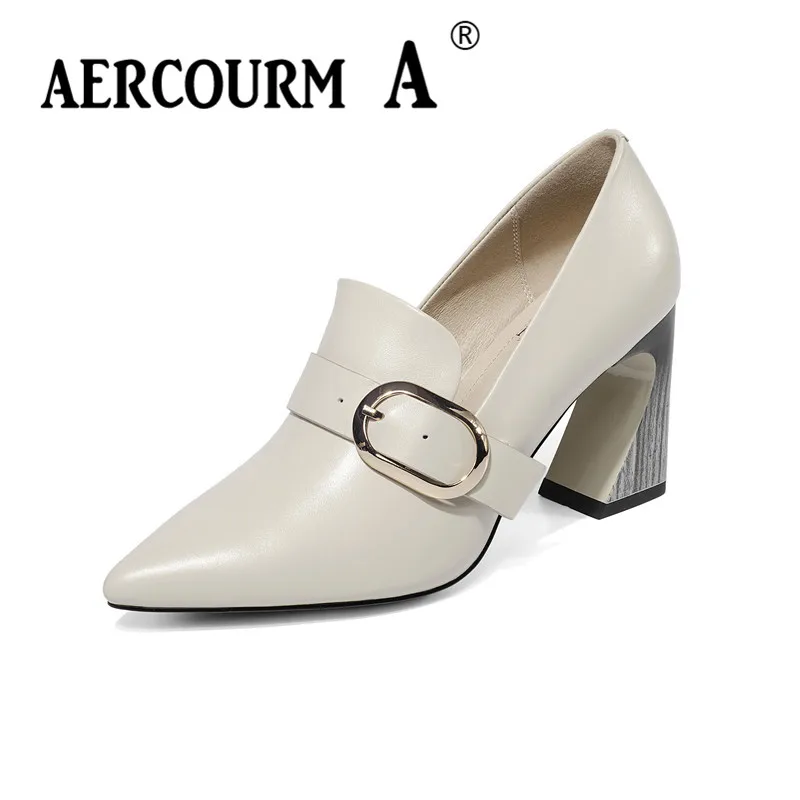 Aercourm A/; женские туфли-лодочки с металлической пряжкой; женская обувь из натуральной коровьей кожи; туфли-лодочки на квадратном каблуке; Новинка; весенняя обувь черного и бежевого цвета