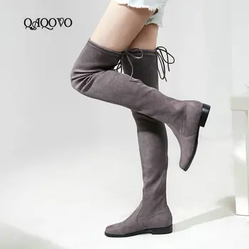 

2018 Flat Heel Over the Knee Boots Women's Flock Leather Thigh Boots Slip On Autumn Winter Shoes Woman Size 34-43 Black Gray