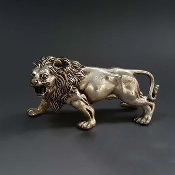 

TOP collection # Home OFFICE Decor art -old Vintage CHINA silver LION sculpture silver plating statue