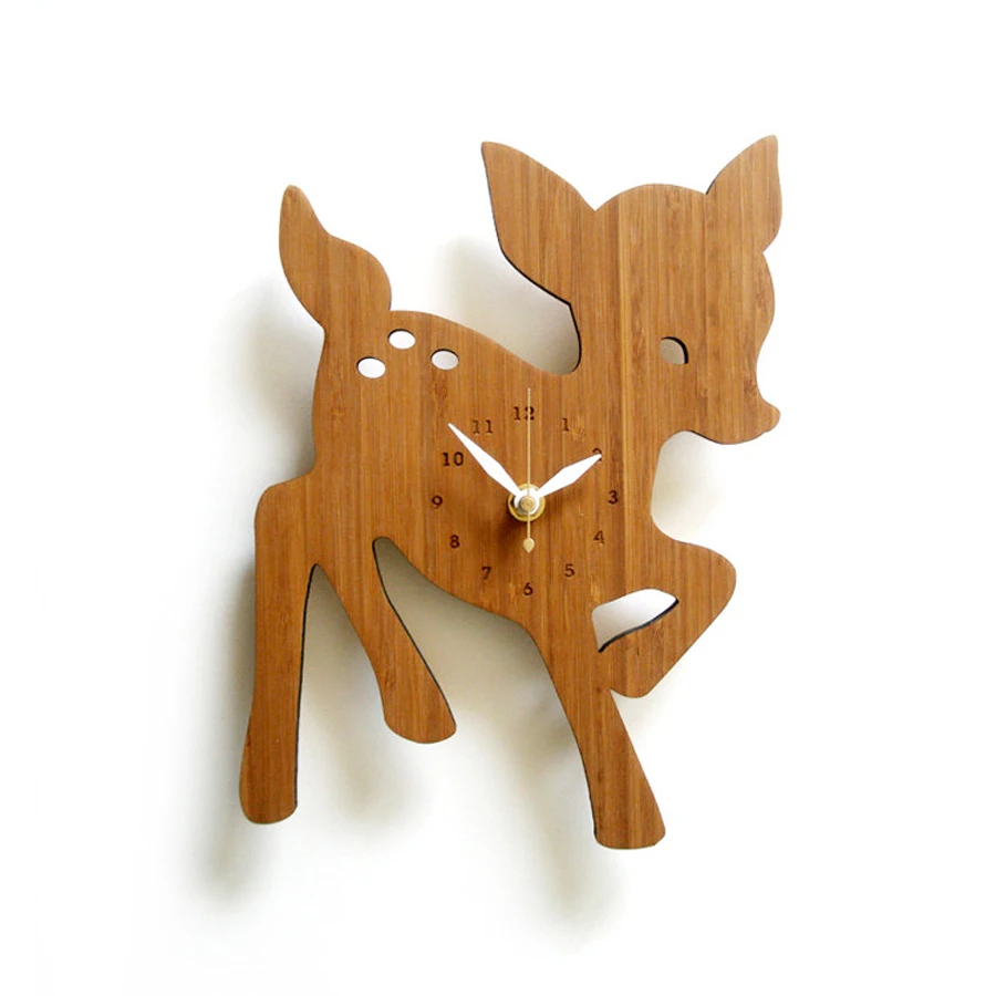 

Wood Wall Clock Modern Design Decorative Kids Bedroom 3D Stickers Cute Animal Deer Watch Wall Clocks Home Decor Silent