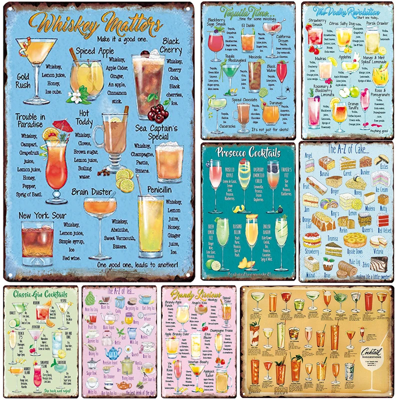 

Cocktai Whisky Cake Tea Plaque Metal Vintage Metal Sign Tin Sign Metal Poster Home Bar Pub Decoration Vintage Poster Blechschild