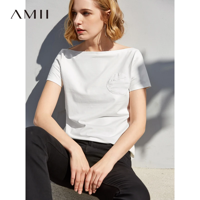 

Amii Minimalist T-shirts Women Spring Summer 2019 Causal Solid Short Sleeve Slash Collar Patchwork Cotton Female Top Tees