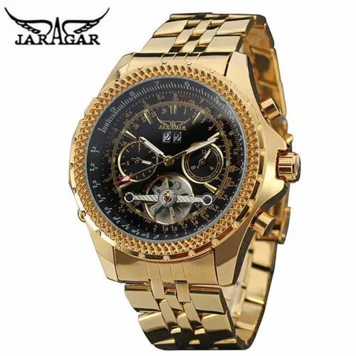 Золотые мужские часы с большим циферблатом, лучший бренд класса люкс, автоматические самоходные часы Relogios Masculino, военные часы, механические тourbillon часы - Цвет: black gold