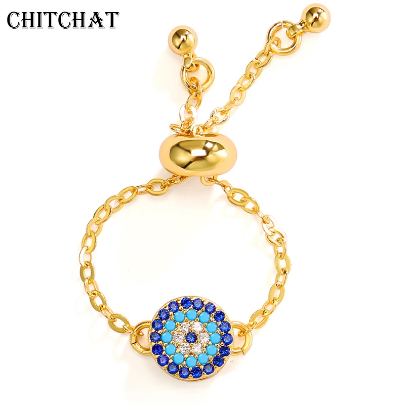 

Turkish Evil Eye Charm Ring Chain Adjustable Rings Blue Cubic Zirconia CZ Delicate Chain Female Finger Rings For Woman