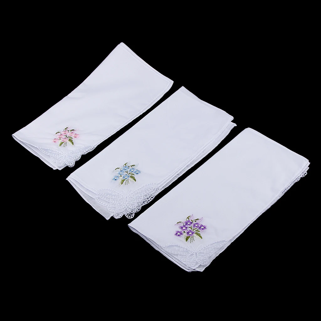  12 PCS Flower Embroidery Lace 100% Cotton Handkerchiefs for Women Ladies White Comfy Pocket Floral 