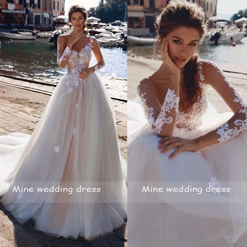 

Sexy V Neck Bride Dress Long Sleeves Lace Appliqued with Sweep Train Wedding Dress Vestido de Noiva 2019 Illusion Mariage