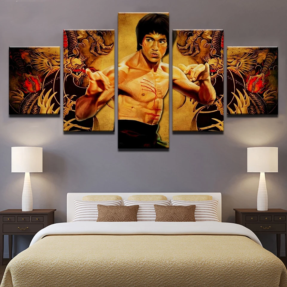 

Modern Canvas HD Printed Home Decor 5 Panel Kung Fu Superstar Bruce Lee Poster Framework For Room Wall Art Painting Pictures