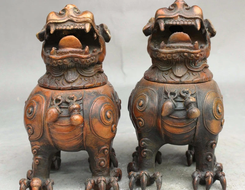 

6" Old China FengShui Bronze Gilt Unicorn Pixiu Kylin Incense Burner Censer Pair
