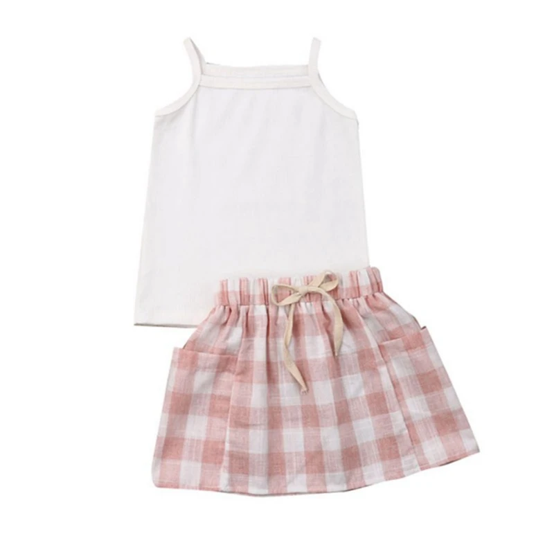 Baby Girls Casual Summer Sleeveless Strap Vest Blouse+Plaid Print Short Skirts Suits Costume Set |