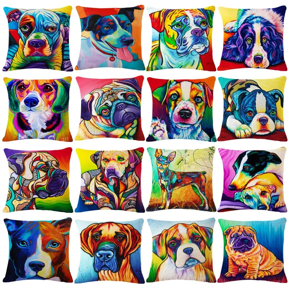 

Cute Cartoon Watercolor Dog Decorative Cushion Cover 45x45CM Cotton Linen Square Throw Pillow Cover Decorative Pillow Case