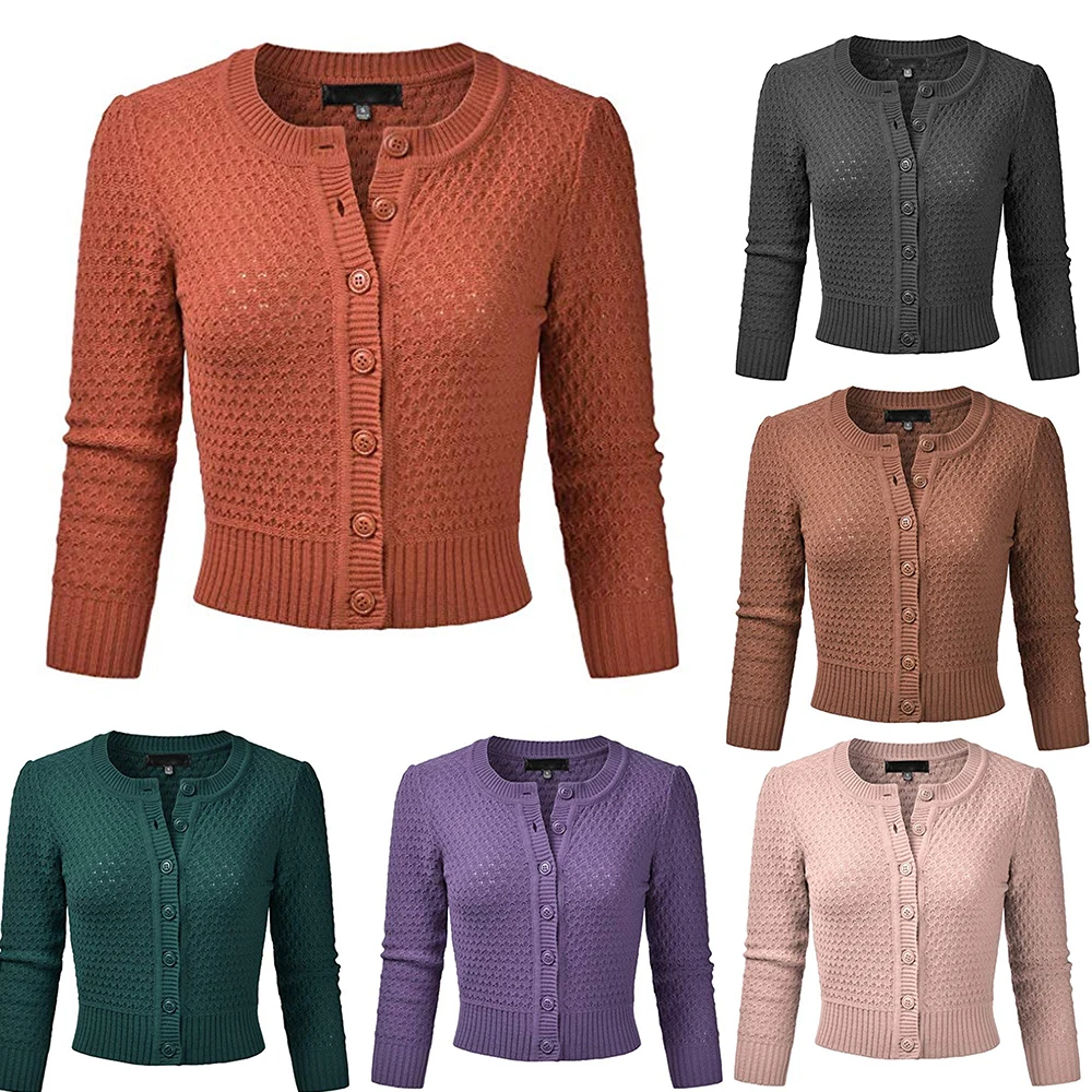 

HEFLASHOR Autumn Solid Knitted Sweaters Women Casual 3/4 Sleeve Cardigans O-Neck Sweaters Lady Open Stitch Outwear Coat 3XL