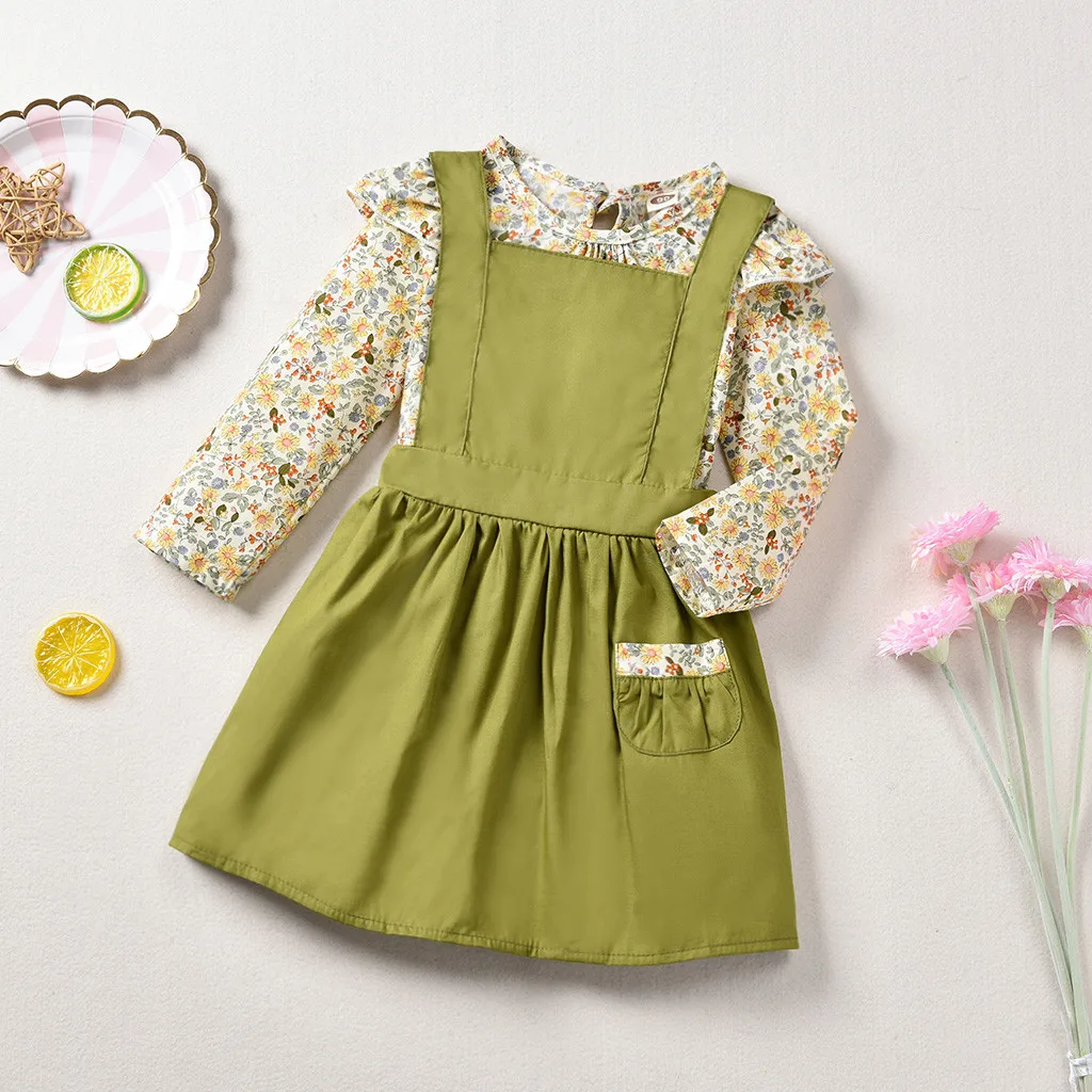 

Avocado green girl strap dress Toddler Baby Girls Kids Long Sleeve Floral Tops + Bib Set Suspenders Skirt Literary style dress
