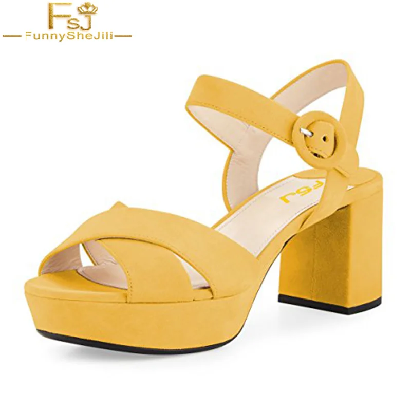 

Yellow Suede Open Toe Platform High Heels Buckle Ankle Strap Block Heel Sandals Summer Casual Woman Shoes Plus Size 4-16 FSJ