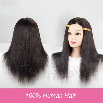 

100% Human Hair Mannequin Head For Salon Curl Paint Dye Cut Manikin Maquiagem Hairdressing Head Wig Head 18" Training Doll Head