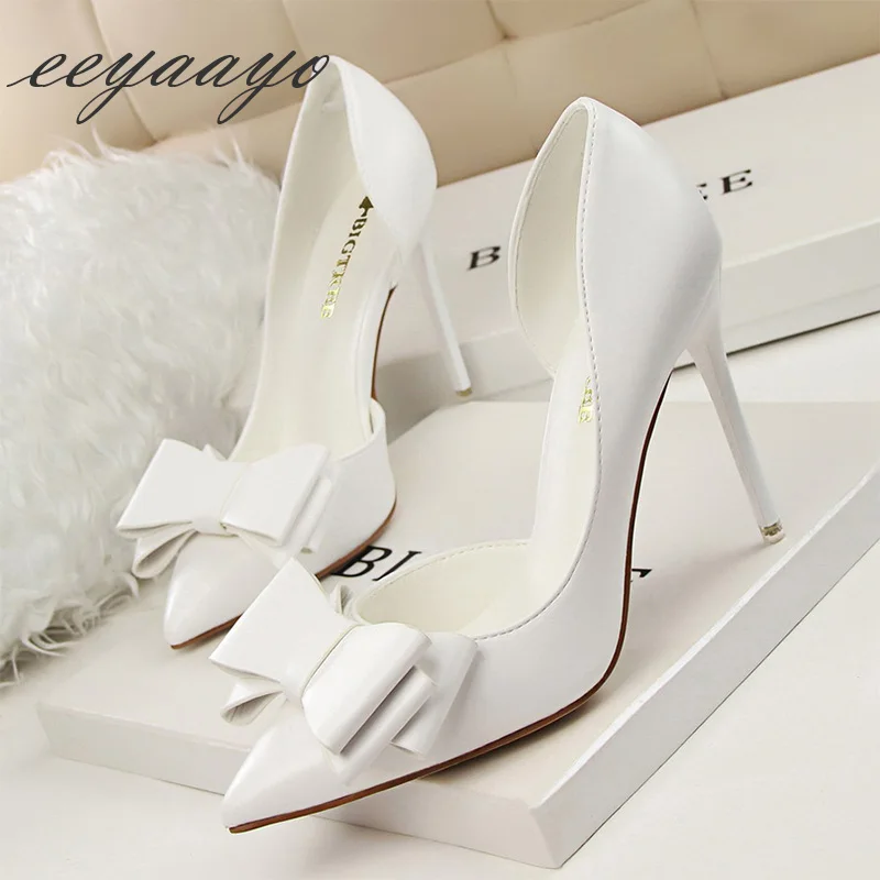 

2019 New Spring/Autumn Women Pumps High Thin Heel Pointed Toe Butterfly-Knot Sweet Bridal Wedding Women Shoes White High Heels