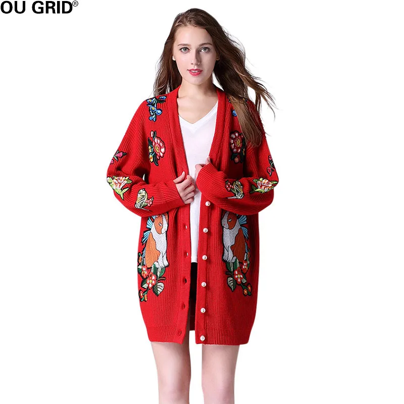 2018 Autumn Winter Red Knitted Cardigans Women Animal Pattern Embroidery Single Breasted Long Sleeve V-neck Sweater |