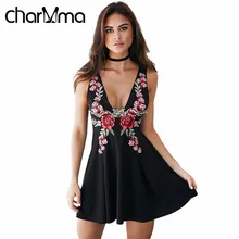 charMma Summer Beach Vintage Floral Embroidery Dress Women Sleeveless V Neck A Line Mini Dresses Little Black Tunic Club Vestido