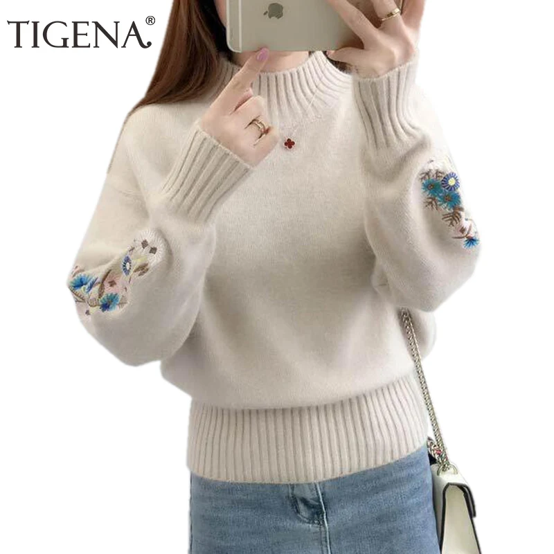 TIGENA 2019 Winter Thick Warm Beautiful Embroidery Turtleneck Sweater Women Long Sleeve Knit Pullover Sweater Female Pull Femme TIGENA 2019 Winter Thick Warm Beautiful Embroidery Turtleneck Sweater Women Long Sleeve Knit Pullover Sweater Female Pull Femme