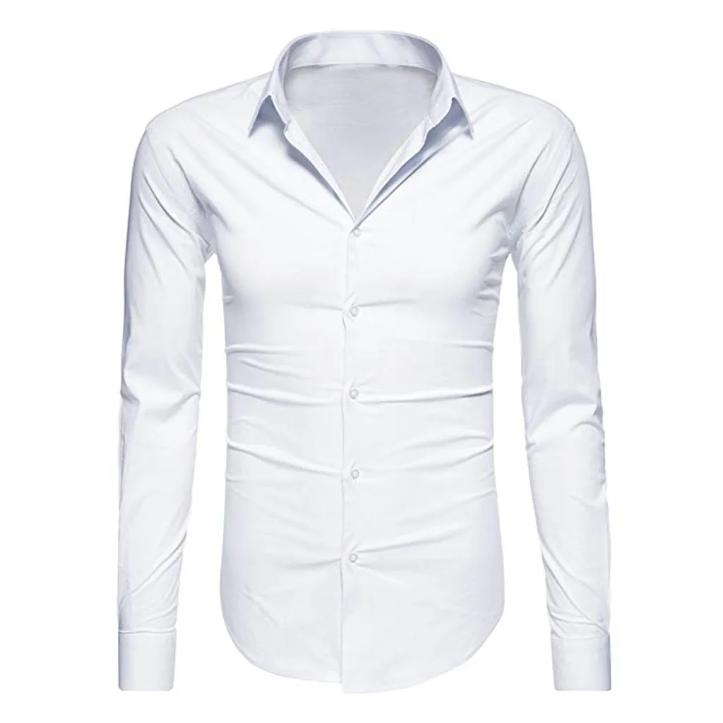 Men's Casual Long Sleeve Shirt Slim Shirt Large Size Men's Shirt Fashion Solid Color Lapel Business Or Casual Shirt Tops Blouse - Цвет: Белый