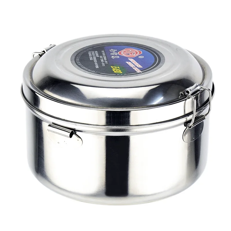 Camping ronda caja de almuerzo de picnic al aire libre de doble-capa portátil de acero inoxidable olla engrosada 1L-1.5L vajilla