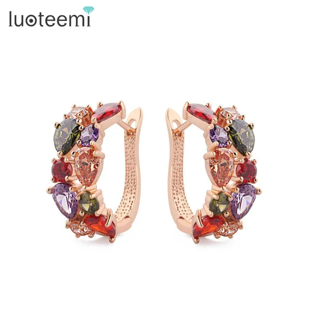 Luoteemi Fashion Earrings Rose Gold Color Mona Lisa Multicolor Cz Luoteemi Fashion Earrings Rose Gold Color Mona Lisa Multicolor Cz Cer Clip For Women Le