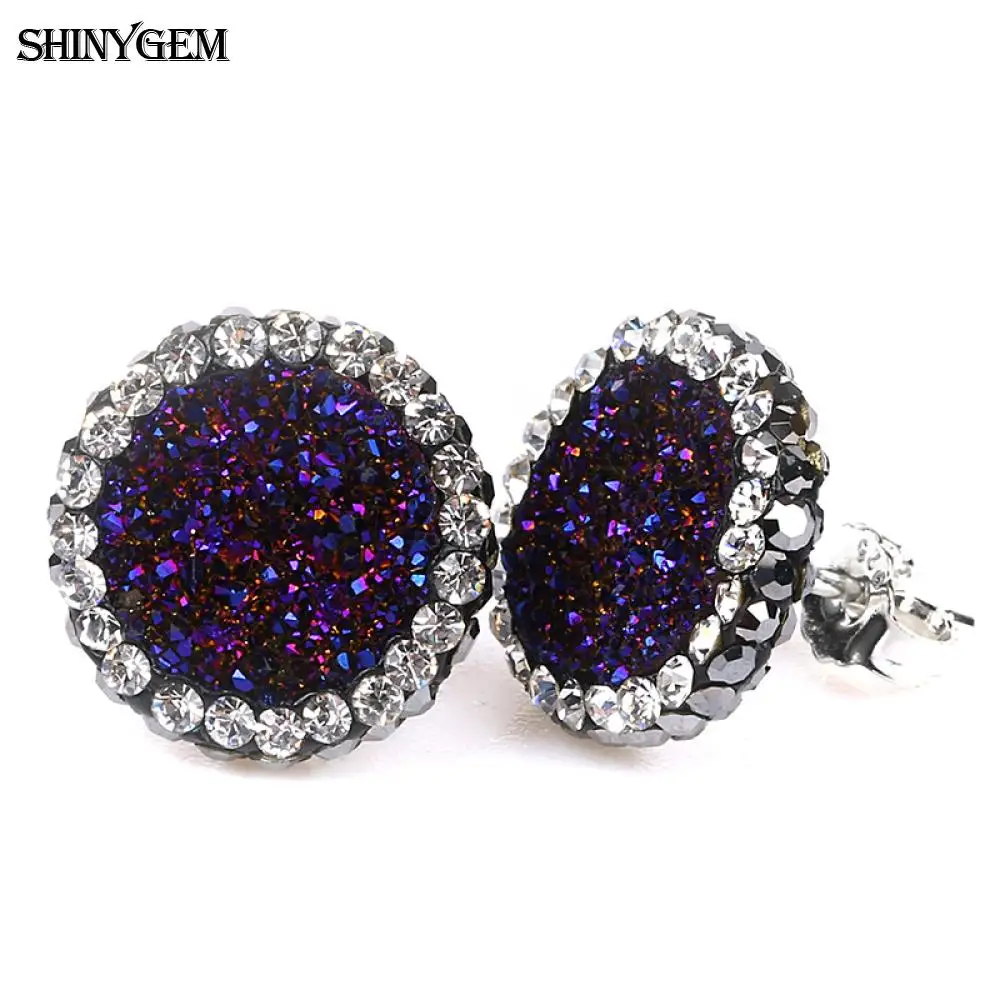 Серьги ShinyGem с кубическим цирконием друзы, большие круглые серьги с натуральным кристаллом и опалом, модные 925 пробы серебряные серьги-гвоздики для женщин - Окраска металла: Purple