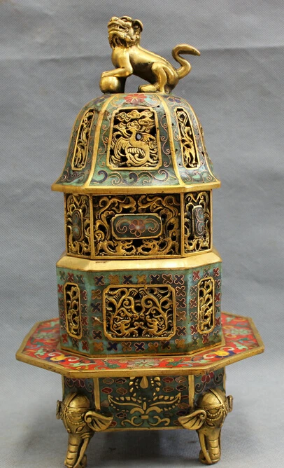 

JP S0608 12" Tibet Cloisonne Bronze Gilt Lion Elephant Head Statue Incense Burner Censer (B0413)