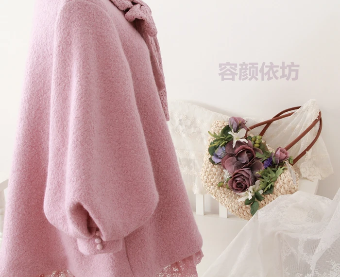 Япония Мори девушка сладкий лук фонарь рукав кружево шерстяное пальто Kawaii Мори Лолита Принцесса утепленная шерстяная куртка для женщин повседневные пальто