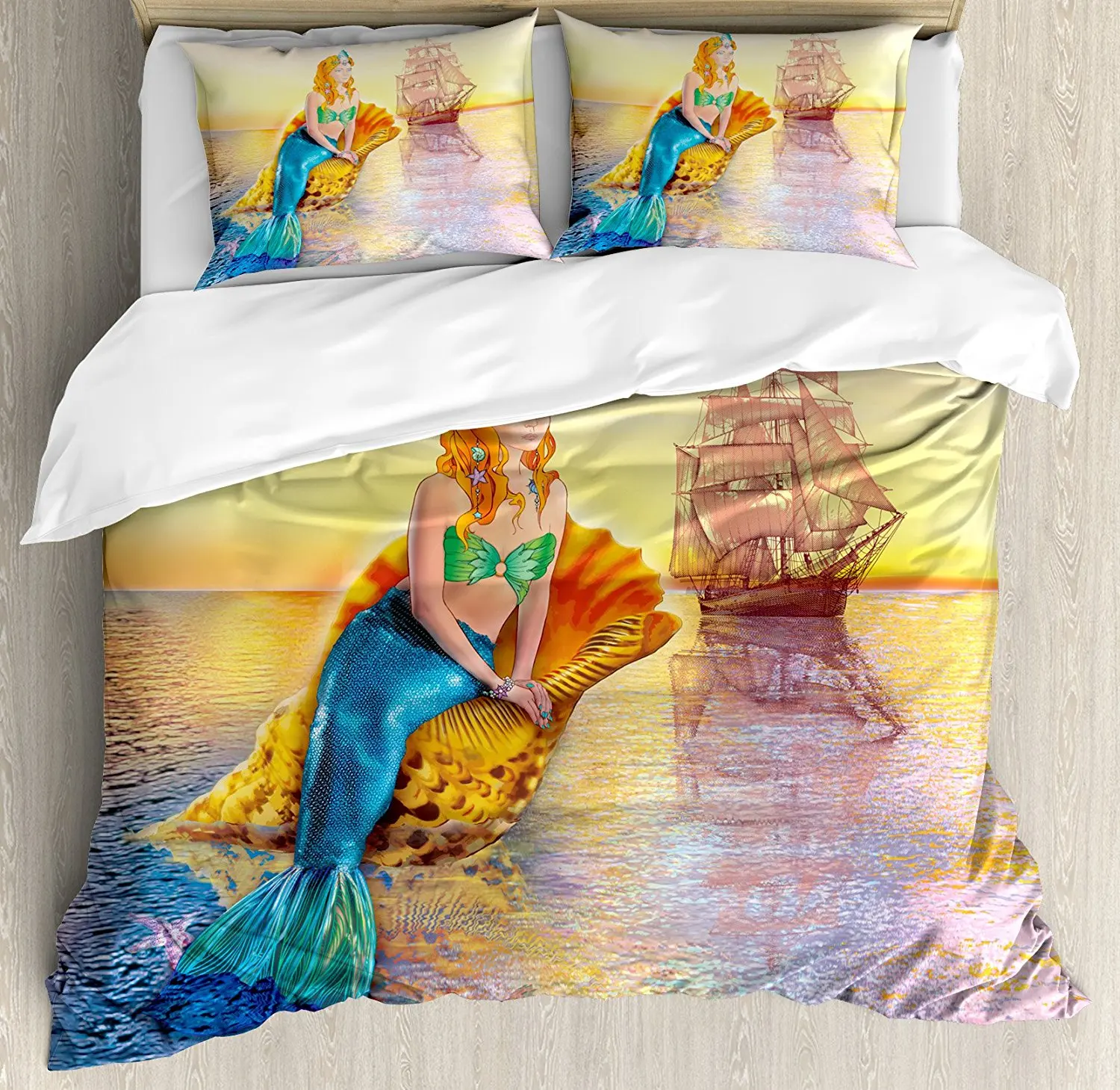 Mermaid Duvet Cover Set Mythical Figure Sitting On A Giant